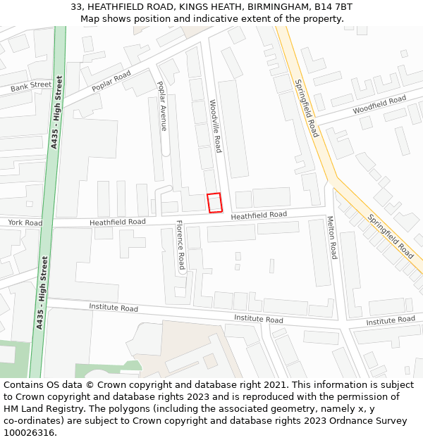 33, HEATHFIELD ROAD, KINGS HEATH, BIRMINGHAM, B14 7BT: Location map and indicative extent of plot