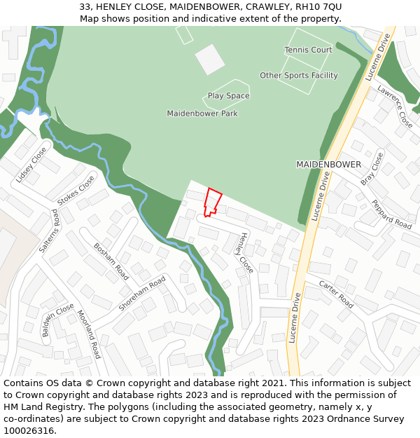 33, HENLEY CLOSE, MAIDENBOWER, CRAWLEY, RH10 7QU: Location map and indicative extent of plot