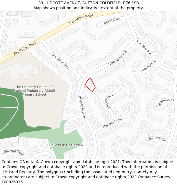 33, HIDCOTE AVENUE, SUTTON COLDFIELD, B76 1SB: Location map and indicative extent of plot