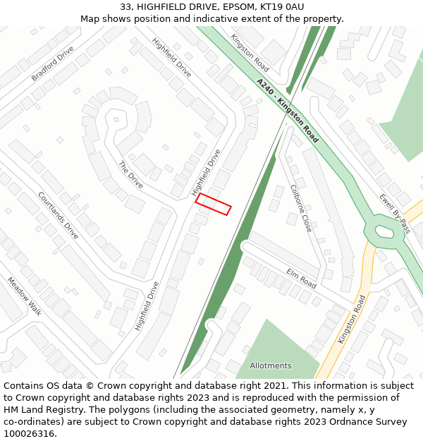 33, HIGHFIELD DRIVE, EPSOM, KT19 0AU: Location map and indicative extent of plot