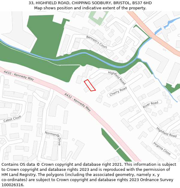 33, HIGHFIELD ROAD, CHIPPING SODBURY, BRISTOL, BS37 6HD: Location map and indicative extent of plot