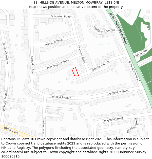 33, HILLSIDE AVENUE, MELTON MOWBRAY, LE13 0NJ: Location map and indicative extent of plot