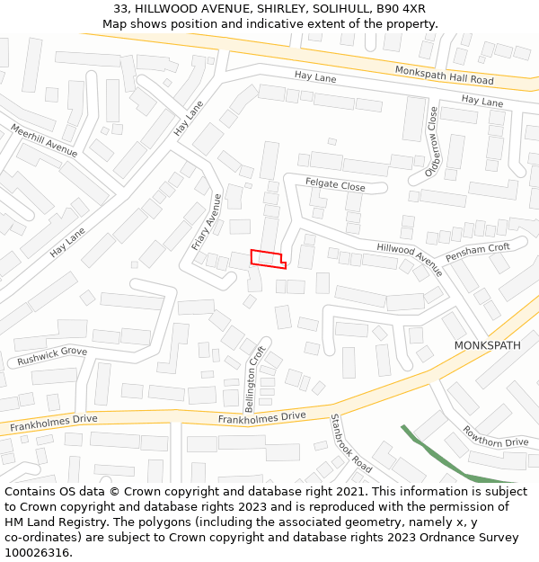 33, HILLWOOD AVENUE, SHIRLEY, SOLIHULL, B90 4XR: Location map and indicative extent of plot