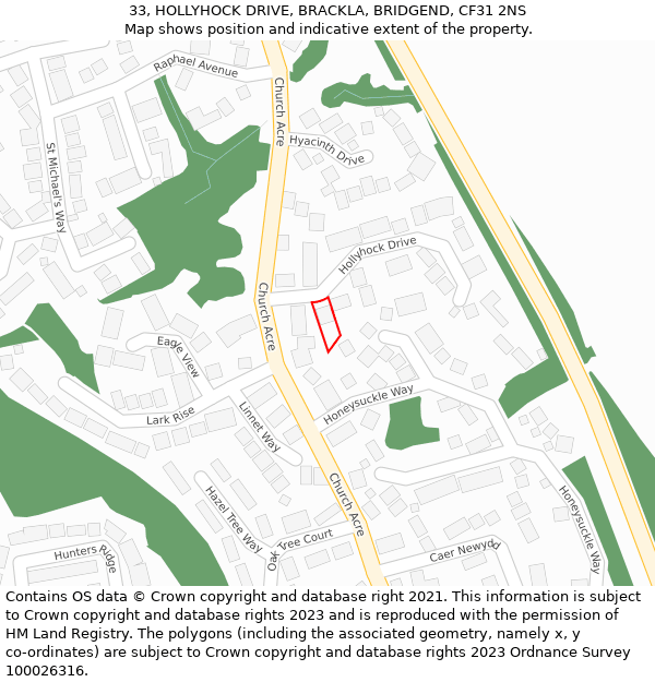 33, HOLLYHOCK DRIVE, BRACKLA, BRIDGEND, CF31 2NS: Location map and indicative extent of plot