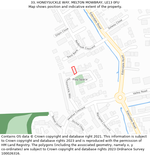 33, HONEYSUCKLE WAY, MELTON MOWBRAY, LE13 0FU: Location map and indicative extent of plot