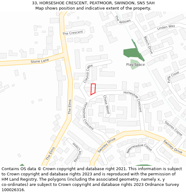 33, HORSESHOE CRESCENT, PEATMOOR, SWINDON, SN5 5AH: Location map and indicative extent of plot