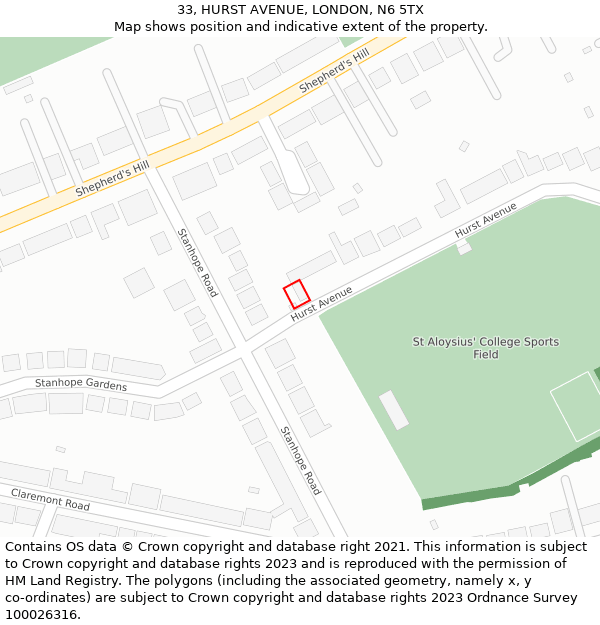 33, HURST AVENUE, LONDON, N6 5TX: Location map and indicative extent of plot