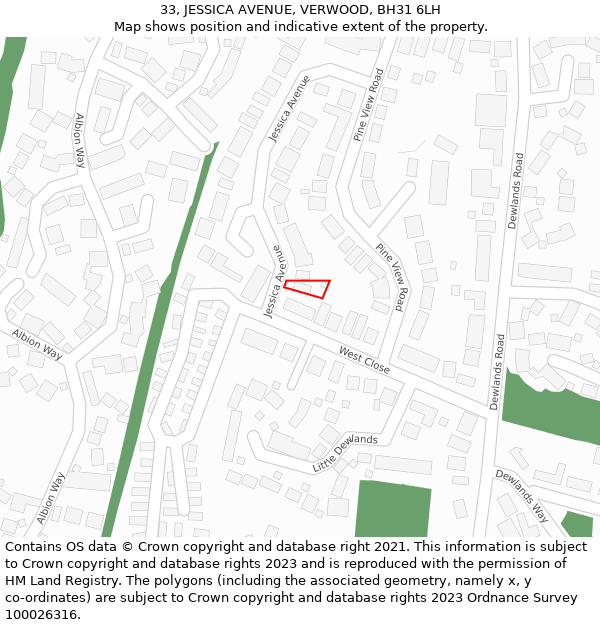 33, JESSICA AVENUE, VERWOOD, BH31 6LH: Location map and indicative extent of plot