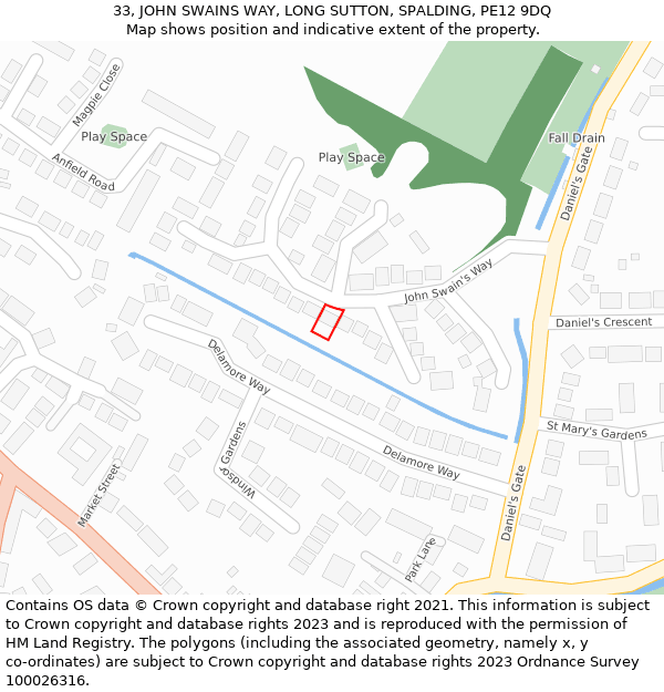 33, JOHN SWAINS WAY, LONG SUTTON, SPALDING, PE12 9DQ: Location map and indicative extent of plot