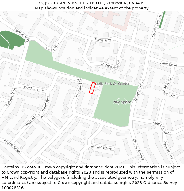 33, JOURDAIN PARK, HEATHCOTE, WARWICK, CV34 6FJ: Location map and indicative extent of plot