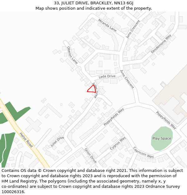 33, JULIET DRIVE, BRACKLEY, NN13 6GJ: Location map and indicative extent of plot