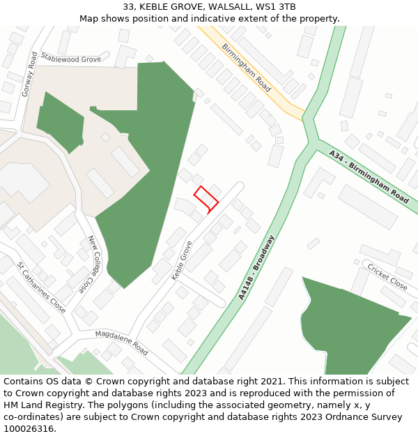 33, KEBLE GROVE, WALSALL, WS1 3TB: Location map and indicative extent of plot