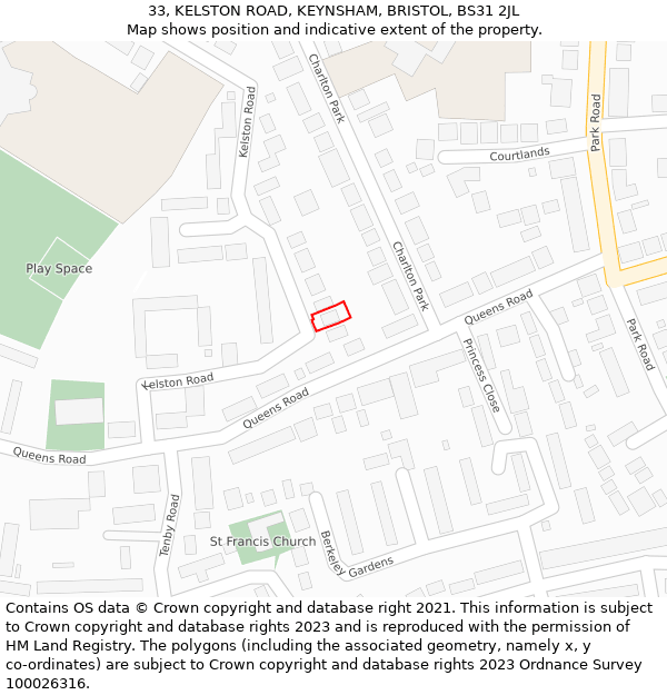 33, KELSTON ROAD, KEYNSHAM, BRISTOL, BS31 2JL: Location map and indicative extent of plot