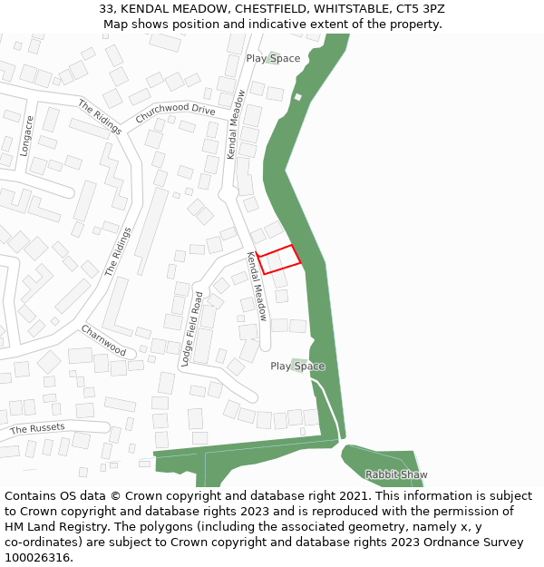 33, KENDAL MEADOW, CHESTFIELD, WHITSTABLE, CT5 3PZ: Location map and indicative extent of plot