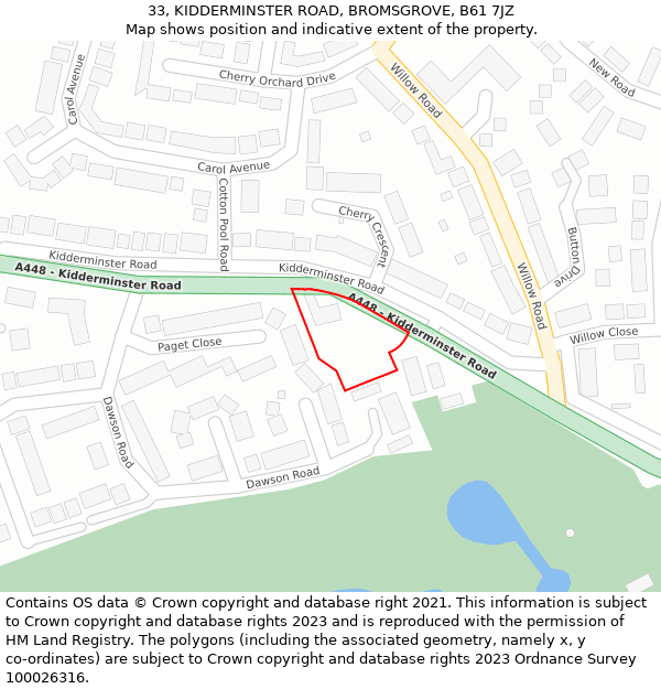 33, KIDDERMINSTER ROAD, BROMSGROVE, B61 7JZ: Location map and indicative extent of plot