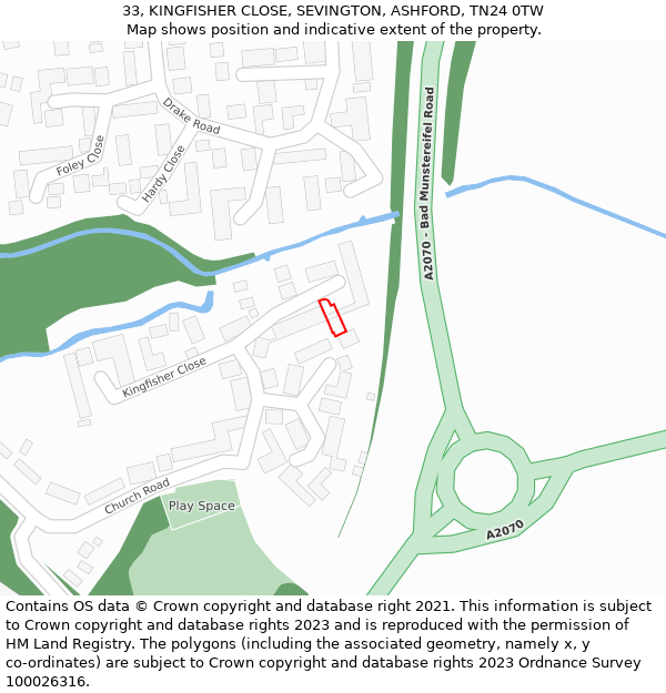 33, KINGFISHER CLOSE, SEVINGTON, ASHFORD, TN24 0TW: Location map and indicative extent of plot