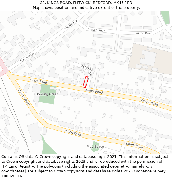 33, KINGS ROAD, FLITWICK, BEDFORD, MK45 1ED: Location map and indicative extent of plot