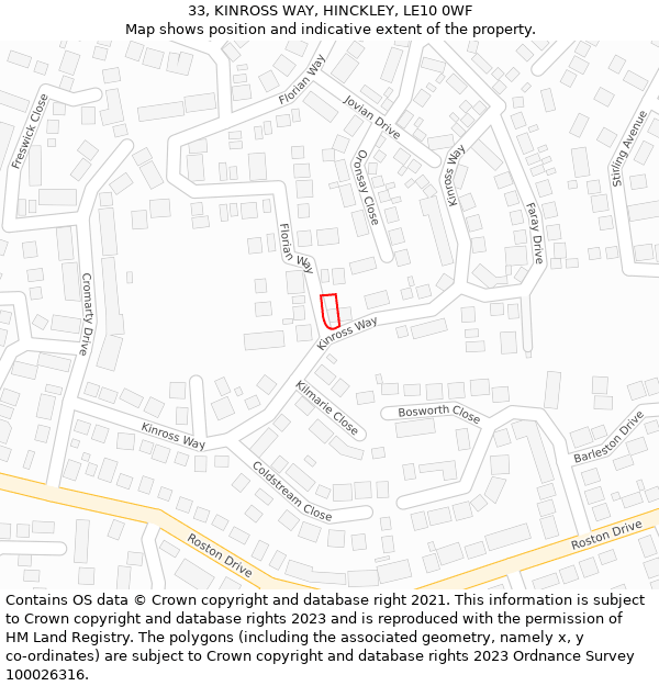 33, KINROSS WAY, HINCKLEY, LE10 0WF: Location map and indicative extent of plot