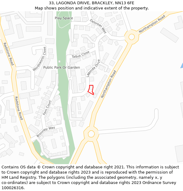33, LAGONDA DRIVE, BRACKLEY, NN13 6FE: Location map and indicative extent of plot