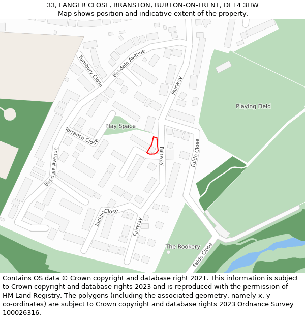 33, LANGER CLOSE, BRANSTON, BURTON-ON-TRENT, DE14 3HW: Location map and indicative extent of plot