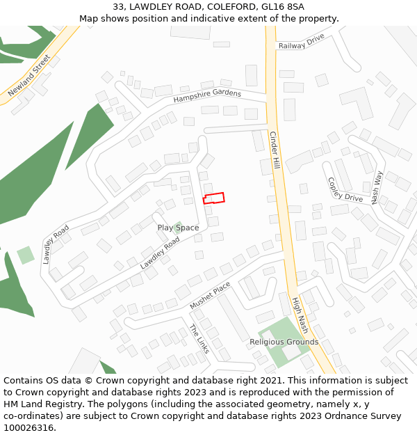 33, LAWDLEY ROAD, COLEFORD, GL16 8SA: Location map and indicative extent of plot