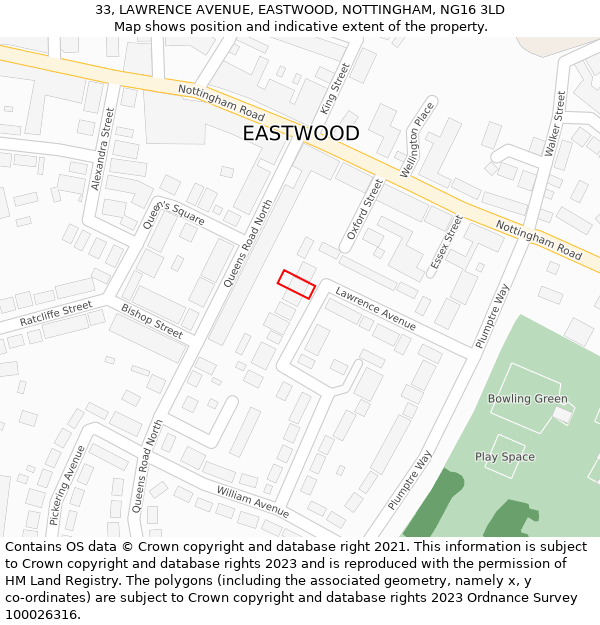 33, LAWRENCE AVENUE, EASTWOOD, NOTTINGHAM, NG16 3LD: Location map and indicative extent of plot