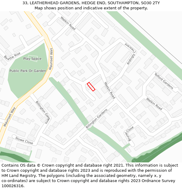 33, LEATHERHEAD GARDENS, HEDGE END, SOUTHAMPTON, SO30 2TY: Location map and indicative extent of plot