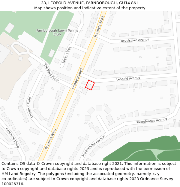 33, LEOPOLD AVENUE, FARNBOROUGH, GU14 8NL: Location map and indicative extent of plot