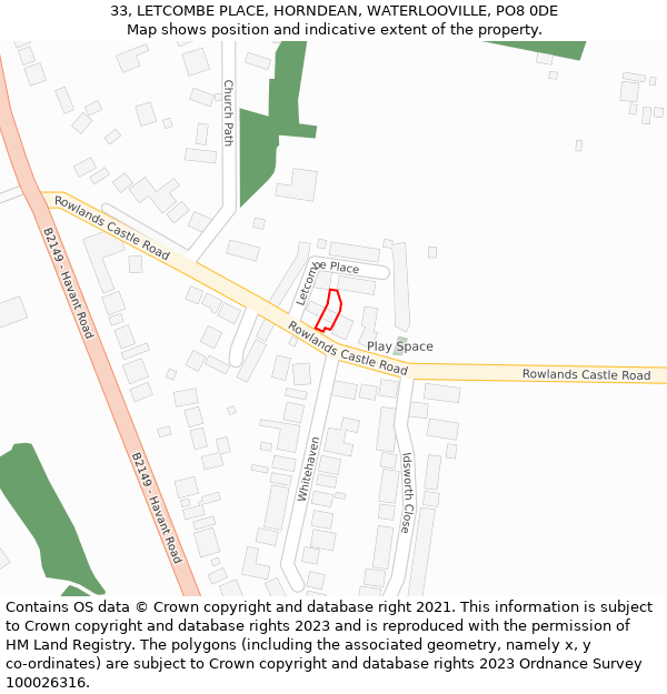 33, LETCOMBE PLACE, HORNDEAN, WATERLOOVILLE, PO8 0DE: Location map and indicative extent of plot
