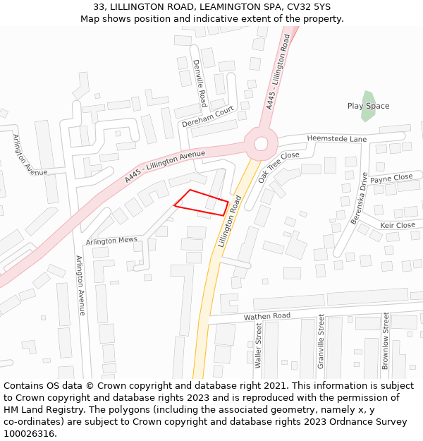 33, LILLINGTON ROAD, LEAMINGTON SPA, CV32 5YS: Location map and indicative extent of plot