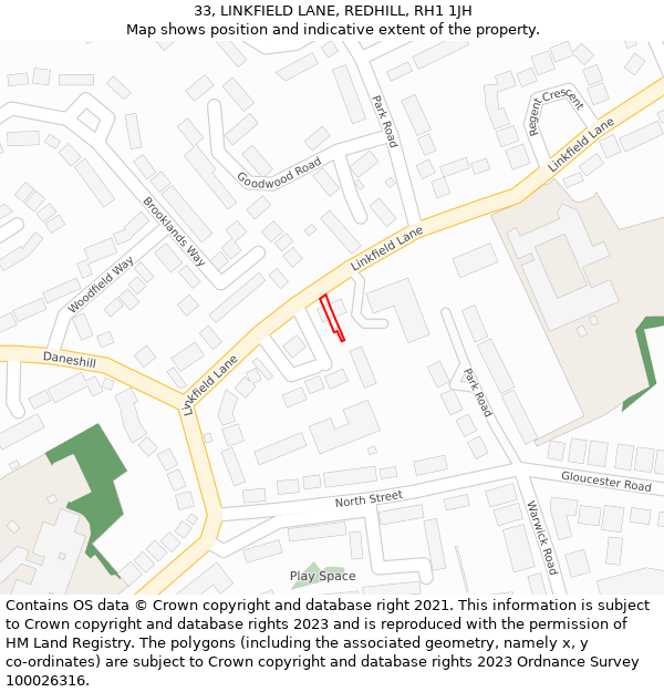 33, LINKFIELD LANE, REDHILL, RH1 1JH: Location map and indicative extent of plot