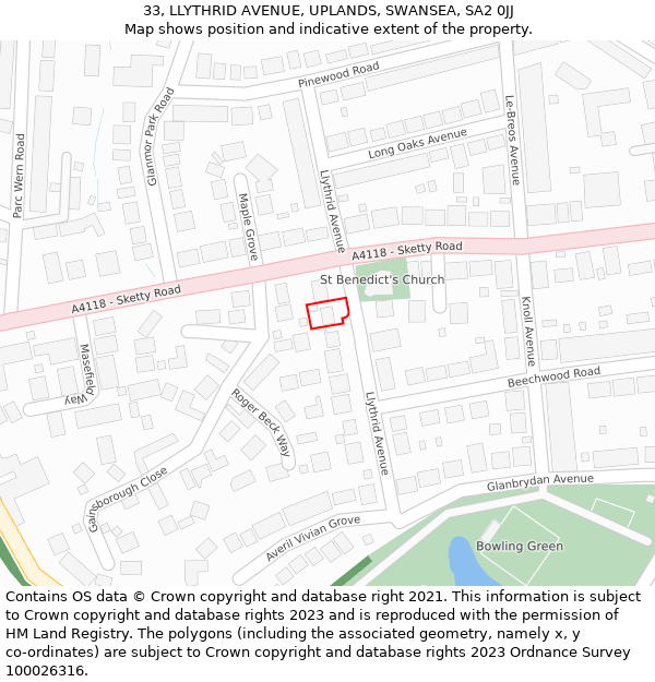 33, LLYTHRID AVENUE, UPLANDS, SWANSEA, SA2 0JJ: Location map and indicative extent of plot