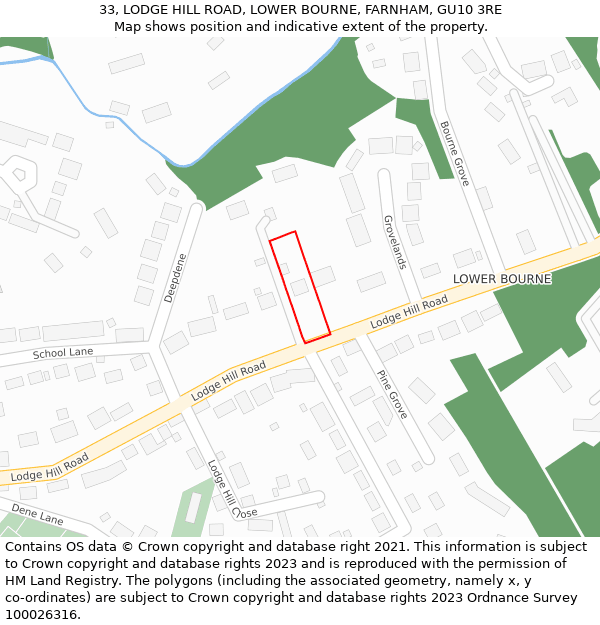 33, LODGE HILL ROAD, LOWER BOURNE, FARNHAM, GU10 3RE: Location map and indicative extent of plot