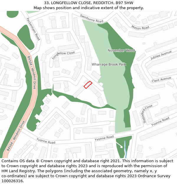 33, LONGFELLOW CLOSE, REDDITCH, B97 5HW: Location map and indicative extent of plot