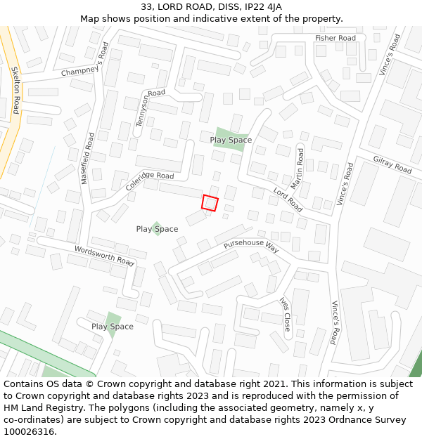33, LORD ROAD, DISS, IP22 4JA: Location map and indicative extent of plot