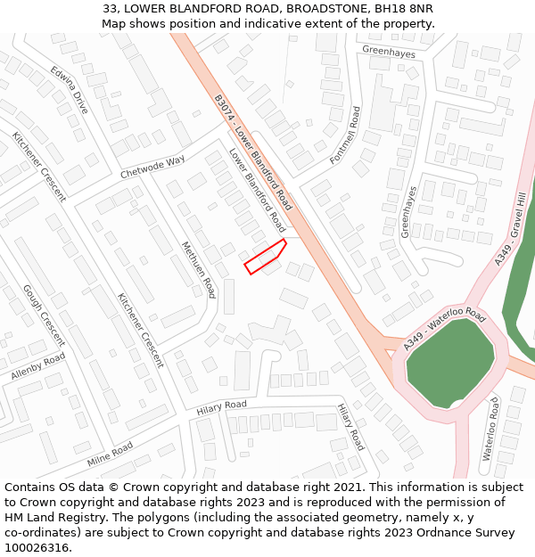 33, LOWER BLANDFORD ROAD, BROADSTONE, BH18 8NR: Location map and indicative extent of plot