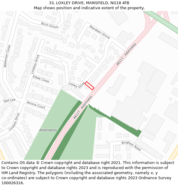 33, LOXLEY DRIVE, MANSFIELD, NG18 4FB: Location map and indicative extent of plot