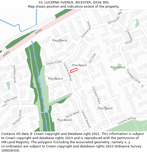 33, LUCERNE AVENUE, BICESTER, OX26 3EG: Location map and indicative extent of plot