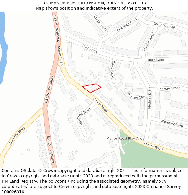 33, MANOR ROAD, KEYNSHAM, BRISTOL, BS31 1RB: Location map and indicative extent of plot