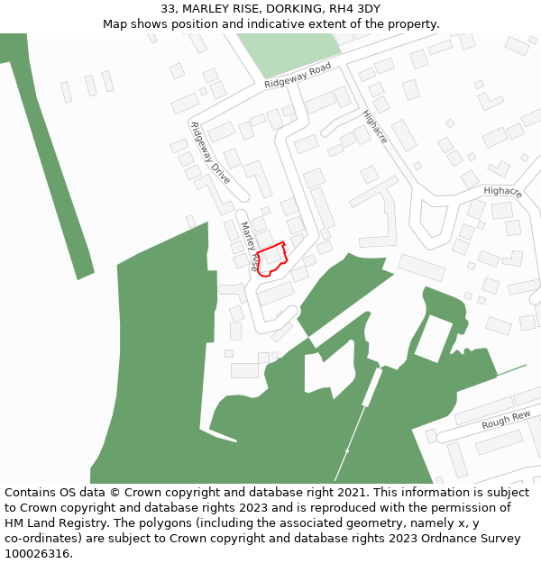 33, MARLEY RISE, DORKING, RH4 3DY: Location map and indicative extent of plot