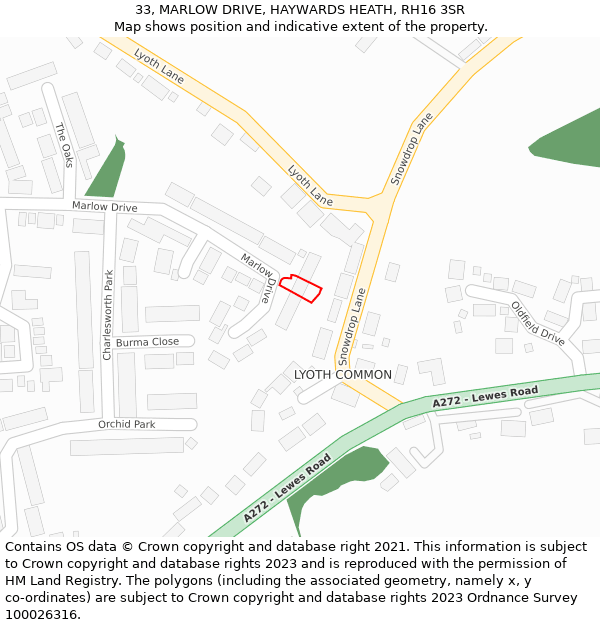 33, MARLOW DRIVE, HAYWARDS HEATH, RH16 3SR: Location map and indicative extent of plot