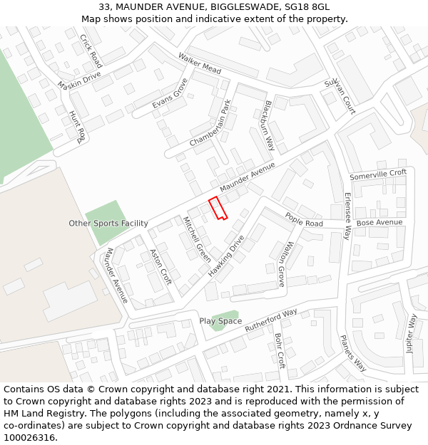 33, MAUNDER AVENUE, BIGGLESWADE, SG18 8GL: Location map and indicative extent of plot