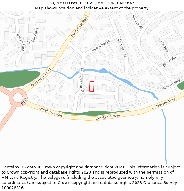 33, MAYFLOWER DRIVE, MALDON, CM9 6XX: Location map and indicative extent of plot