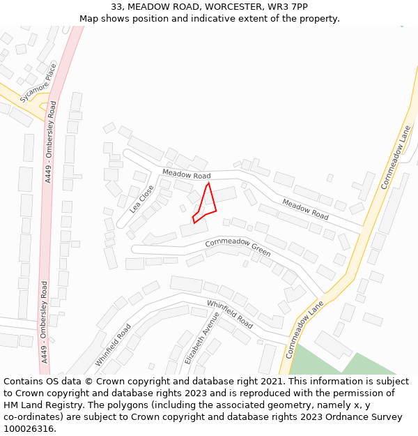 33, MEADOW ROAD, WORCESTER, WR3 7PP: Location map and indicative extent of plot