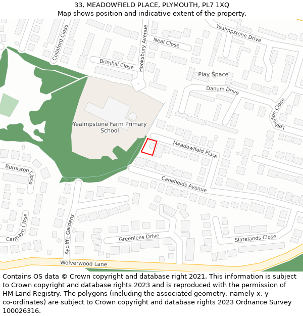 33, MEADOWFIELD PLACE, PLYMOUTH, PL7 1XQ: Location map and indicative extent of plot