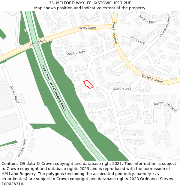 33, MELFORD WAY, FELIXSTOWE, IP11 2UF: Location map and indicative extent of plot