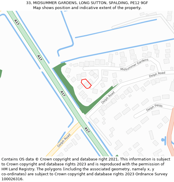 33, MIDSUMMER GARDENS, LONG SUTTON, SPALDING, PE12 9GF: Location map and indicative extent of plot