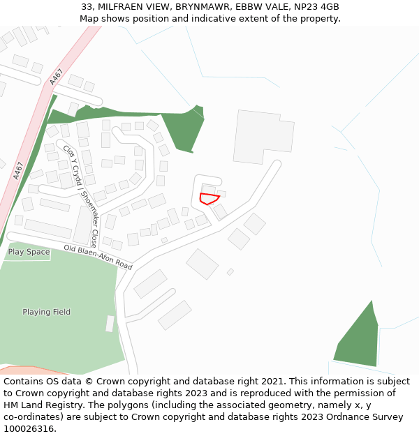 33, MILFRAEN VIEW, BRYNMAWR, EBBW VALE, NP23 4GB: Location map and indicative extent of plot