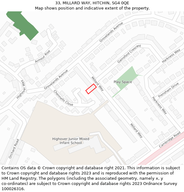 33, MILLARD WAY, HITCHIN, SG4 0QE: Location map and indicative extent of plot