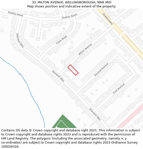 33, MILTON AVENUE, WELLINGBOROUGH, NN8 3RD: Location map and indicative extent of plot
